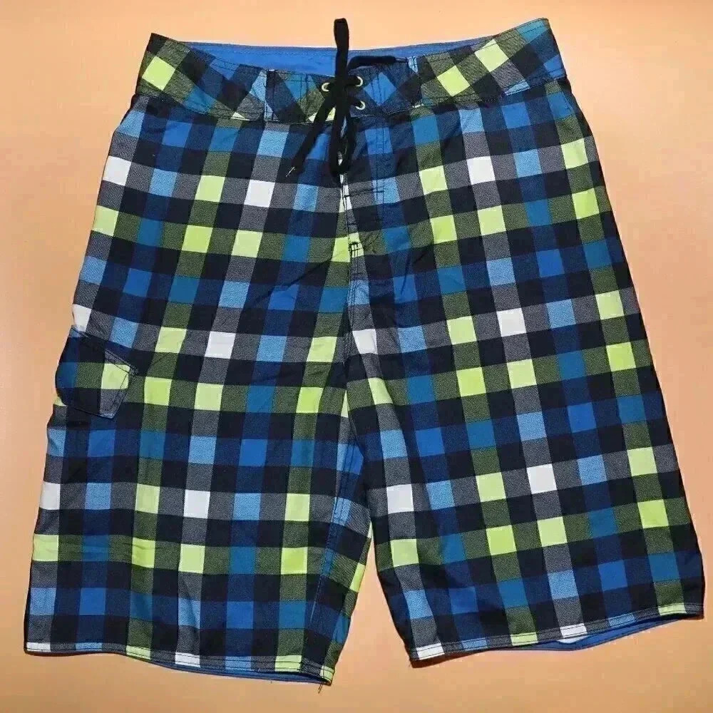 Burnside Blue Lime Green Checkered Swim Trunks Size 34 Summer Beach Board Shorts